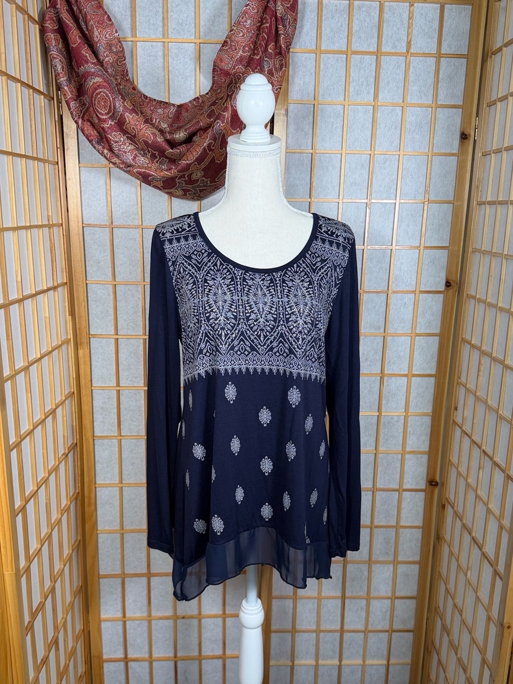 B.L.E.U. Navy Printed Sheer-Hem Peasant Blouse